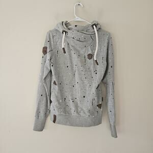 Naketano Brave New World Hoodie Gray Cowl Neck Sweatshirt Paint Splatter Medium